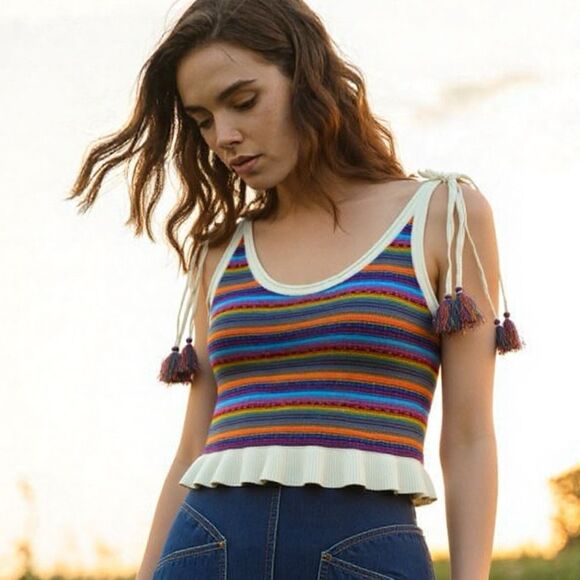 All Things Mochi NWT Knit Strappy Tank Top Rainbow Stripe Tassels Boho Festival - Picture 1 of 9
